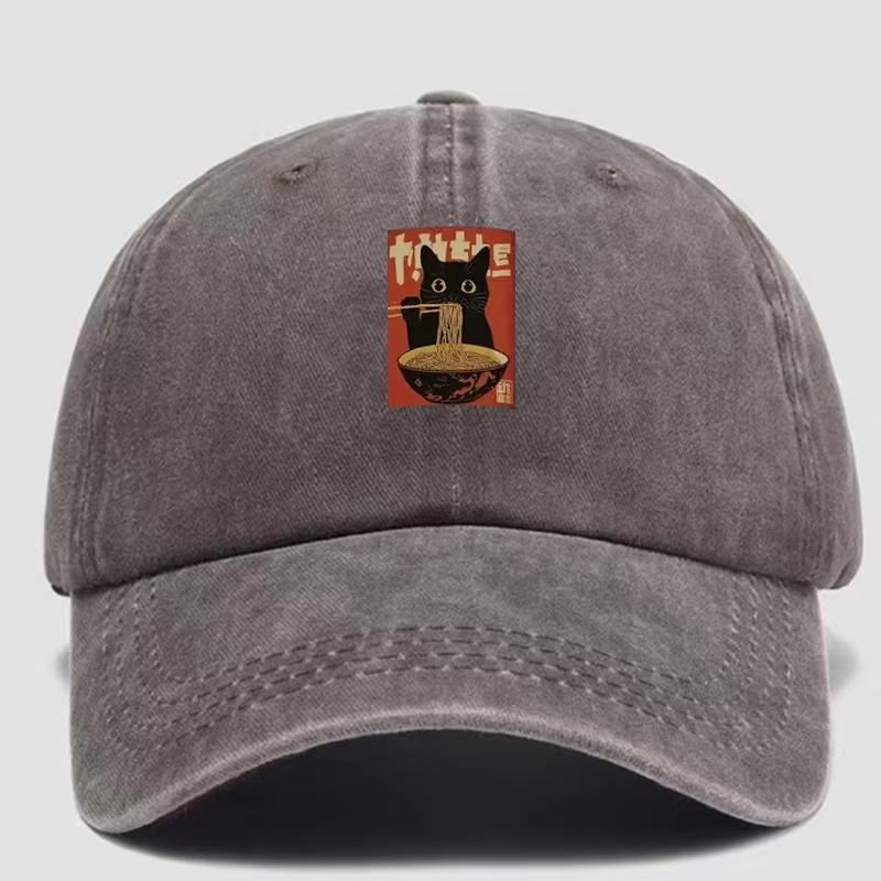 Retro baseball cap - Cute black cat eating raUnisex print, adjustable design - Suitable for both Unisex and Women Adjustable