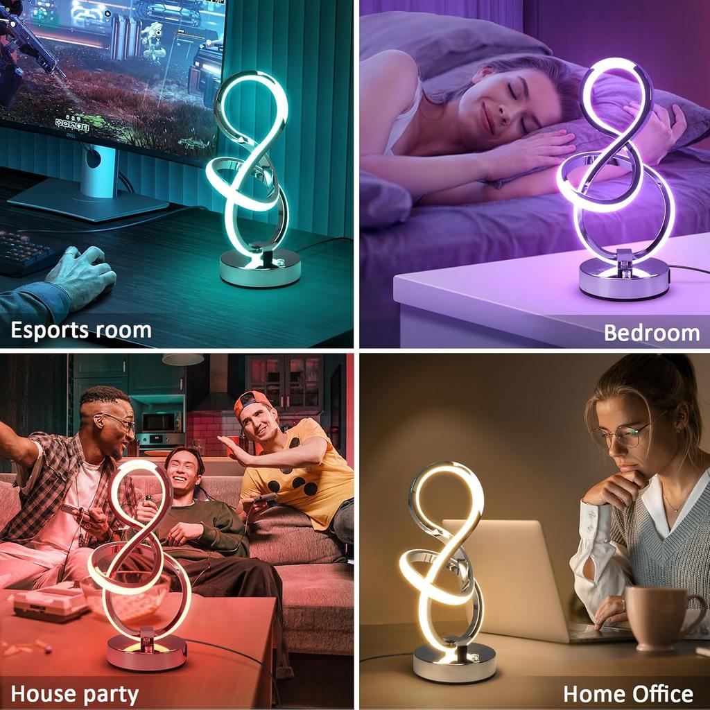 Modern Spiral Table Lamp, 7 Colors 10 Light Modes LED Nightstand Small Lamp with USB C+A Ports, Touch Dimmable Lamps for Living Room Bedroom Bedside,