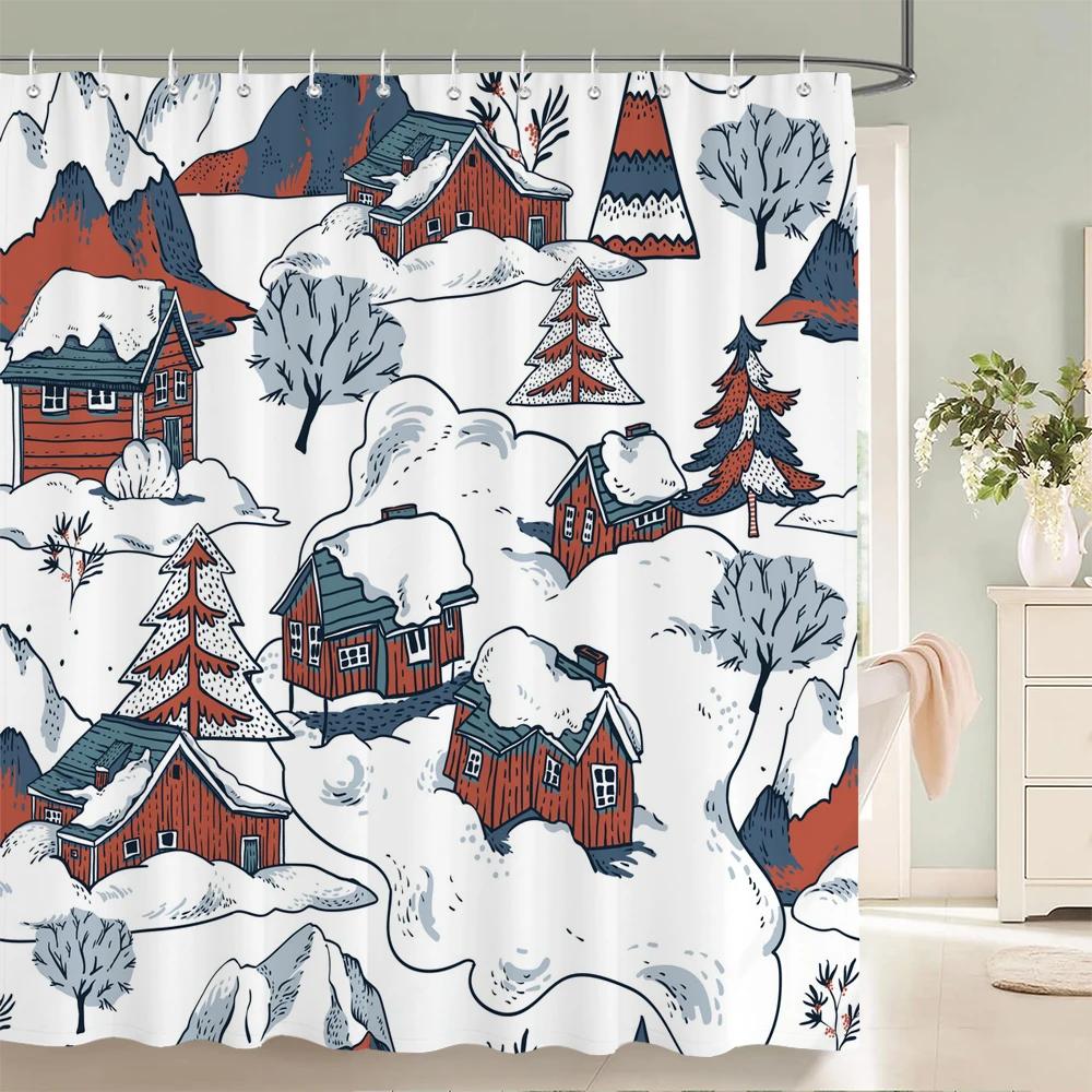 Winter Ski Station Cedar Plant Shower Curtains Bathroom Curtain Frabic Waterproof Polyester Bath Curtain with Hooks Decoration