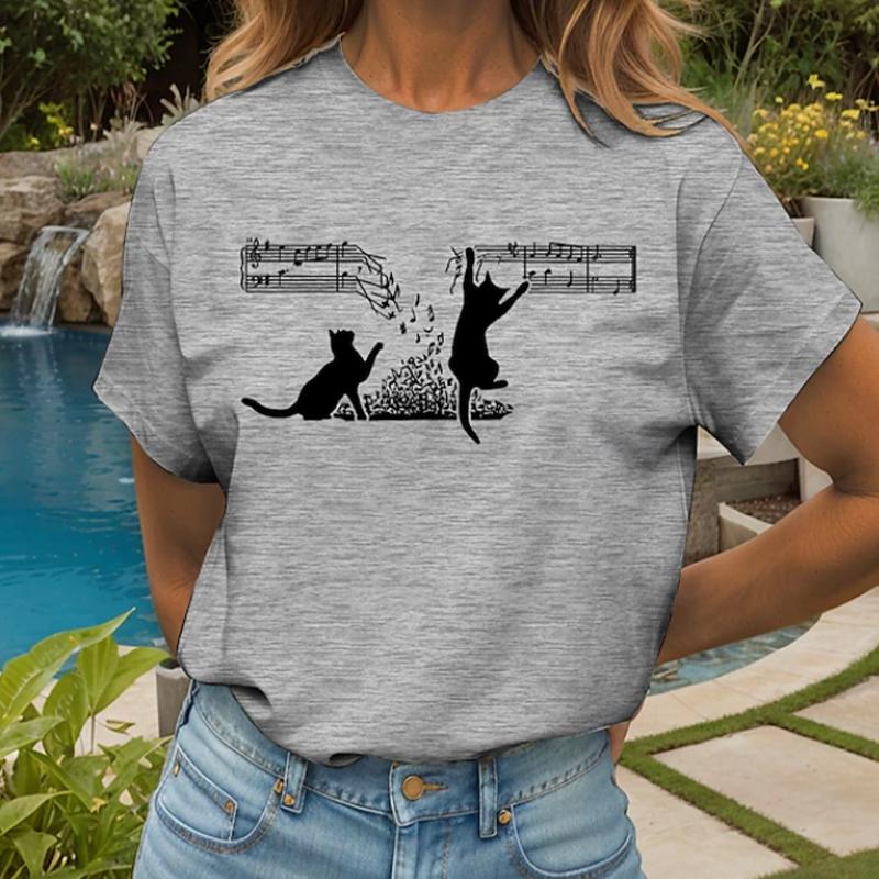 

Женская летняя футболка Ретро мода Футболки с коротким рукавом Повседневные топы с принтом котенка 8XL серый