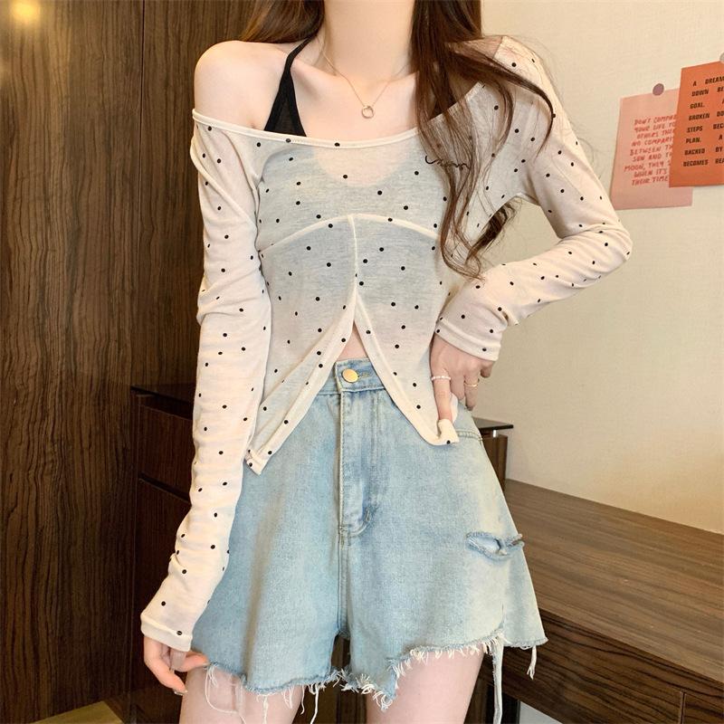Early autumn new fake two-piece polka dot neck long-sleeved T-shirt slim sweet Spice Girl bottoming shirt with short top inside