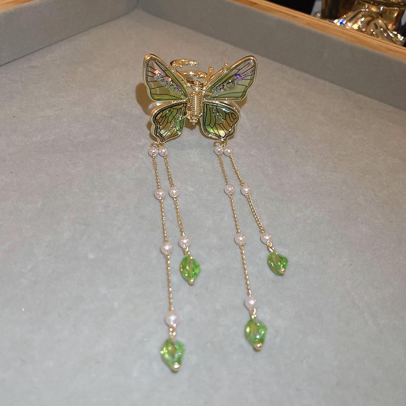 

Super fairy butterfly imitation pearl crystal fringed small grab clip elegant back head ponytail hair temperament hairpin