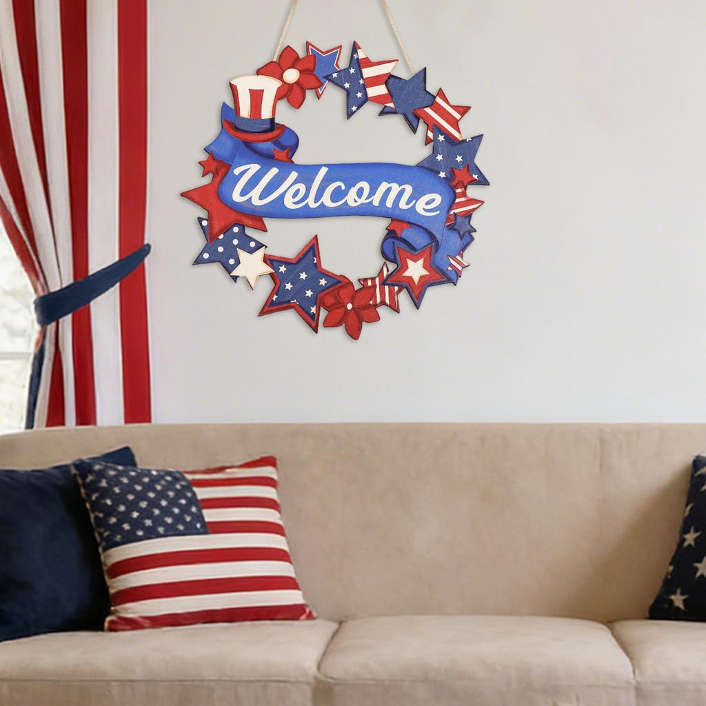 Wooden Patriotic Wreath Door Hanger Independence Day Decoration Wall Sign Plaque Home Hanging Ornament