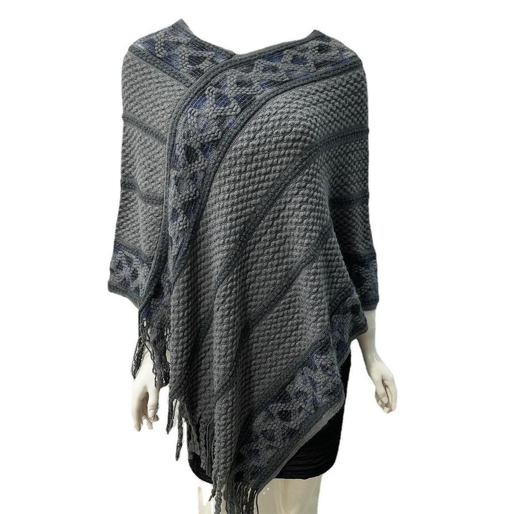 2022 Autumn/Winter Women's V-Neck Rainbow Tassel Cape Sweater