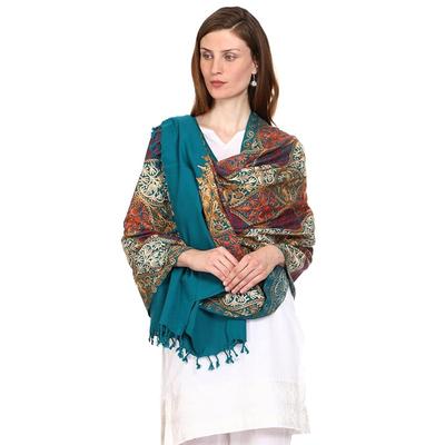 Weavers Villa Women'S Wool Blend Full Embroidery Matka Shawls, Stoles (New Green), 75Cm X 200Cm