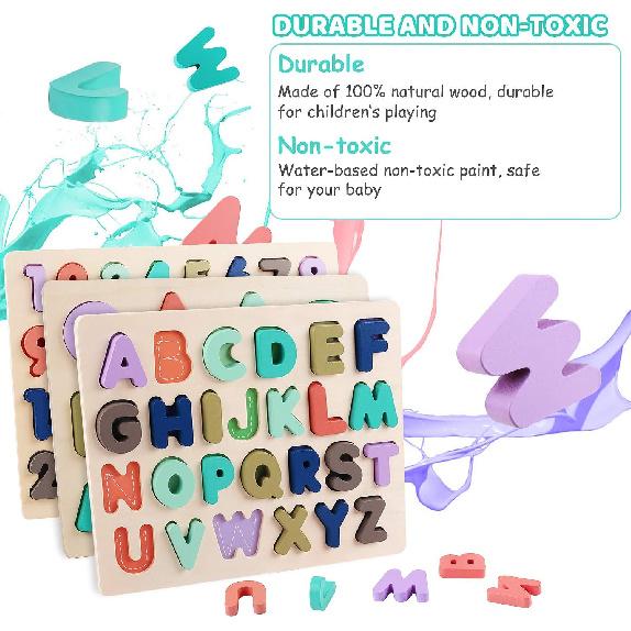 Wooden Puzzles for Toddlers, Kesletney Wooden Alphabet Number Shape Learning Puzzles for Kids, Preschool Educational Toys Gift for Boys Girls Ages 3