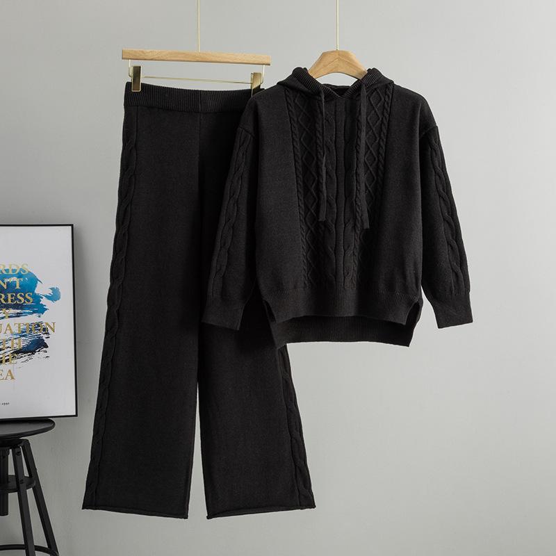 European Casual Knitwear Set - Women’s Hooded Cable Sweater & Wide-leg Pants Two-piece for Spring/Autumn