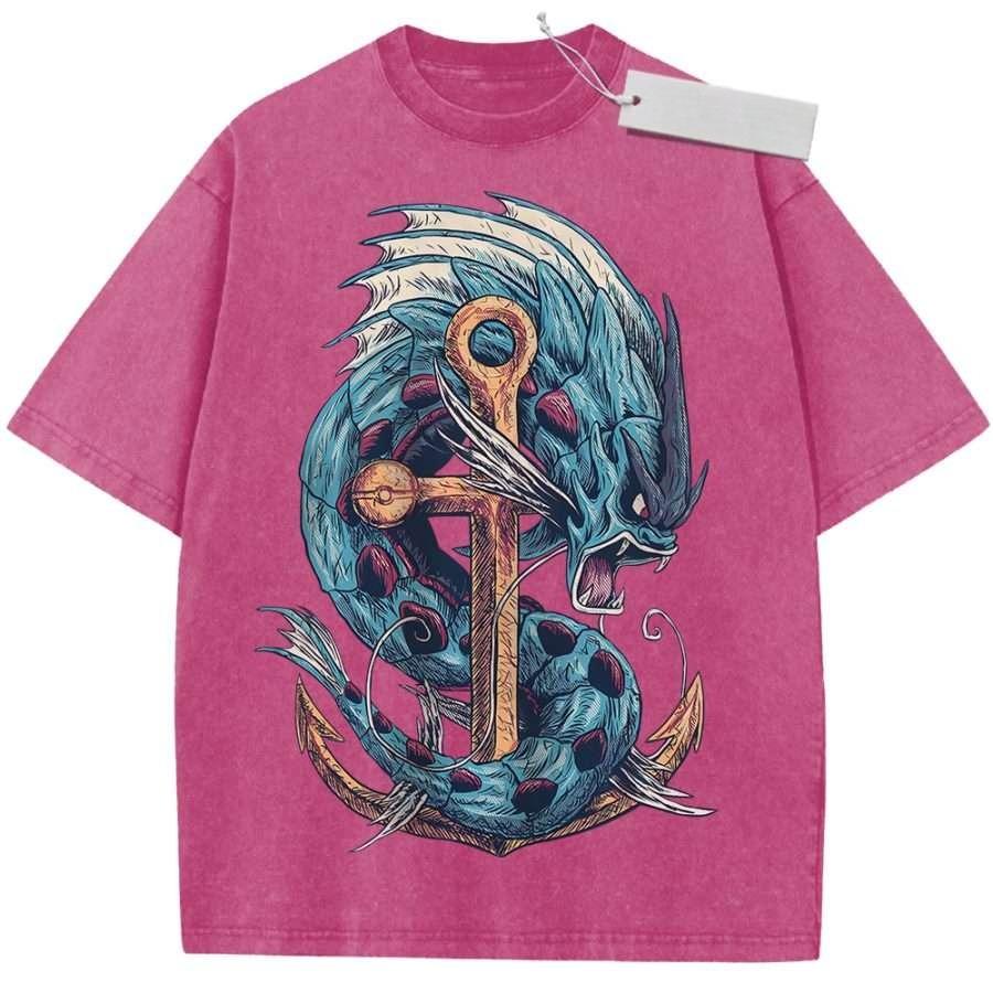 Unisex Black Washed Vintage T Shirt Nautical Blue Dragon Anchor Retro Style High Quality Fabric for Casual Shopping