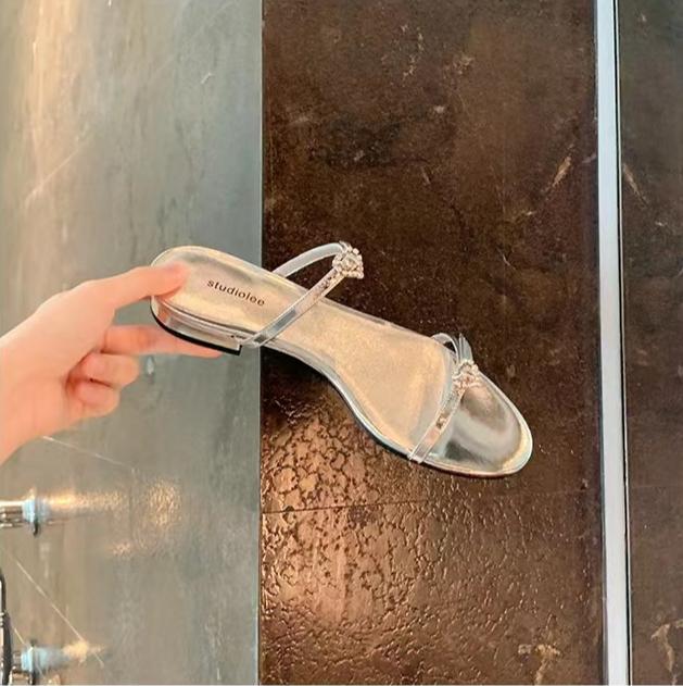 Fashion Sandals for Women Summer Round Headed Double with Heart-shaped Diamond Buckle Adjustable Sandal Slippers 2025 New Flat Sandals