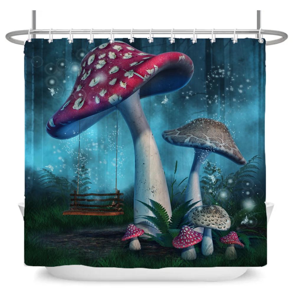 Enchanted Forest Shower Curtain Cartoon Magic Tale Mushroom Wonderland Gothic Shower Curtain Waterproof Bath Decor With Hooks