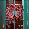 Artificial Fall Wreath With Orange Roses, Purple Hydrangeas, Leaves, 18-inch Front Door Decor