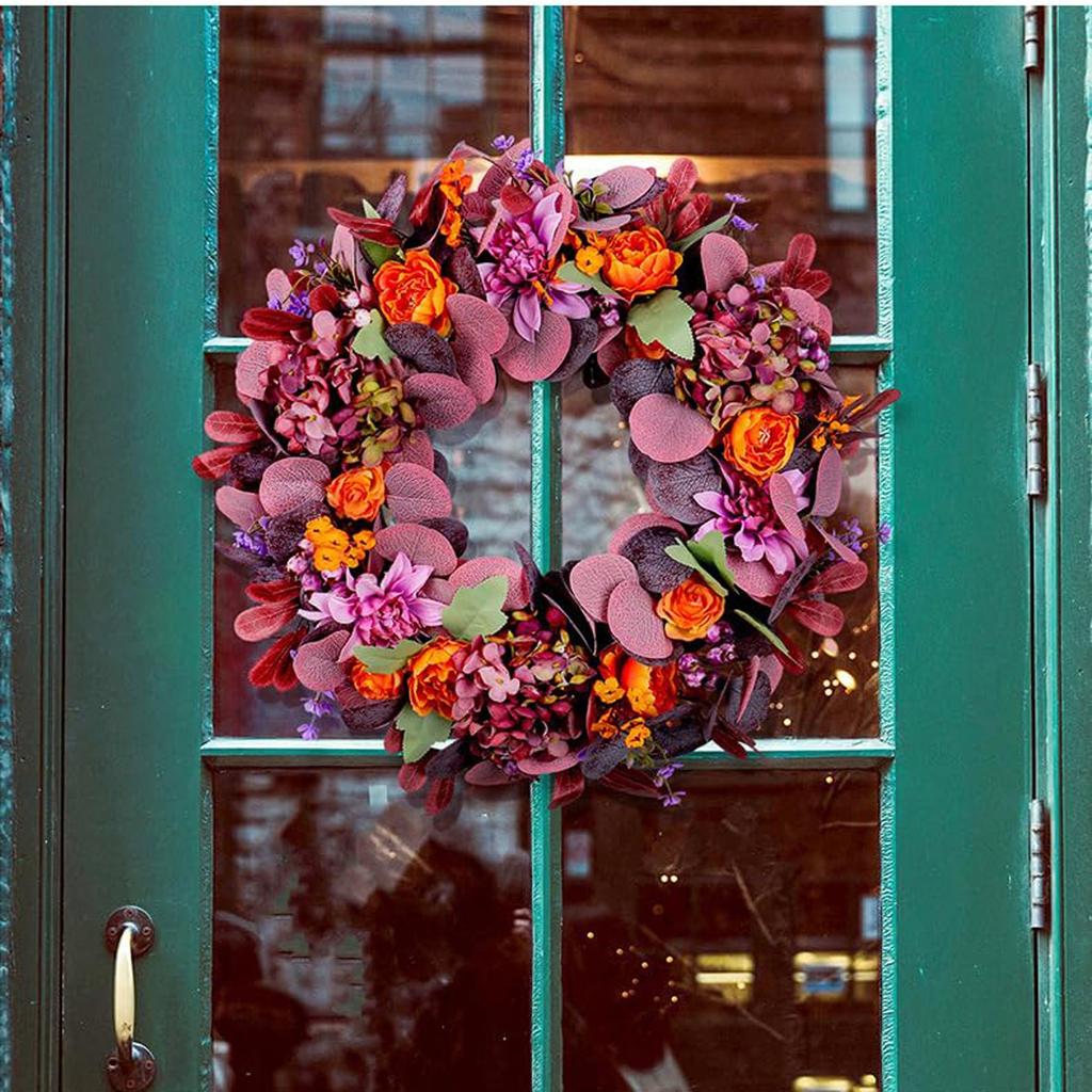 Artificial Fall Wreath With Orange Roses, Purple Hydrangeas, Leaves, 18-inch Front Door Decor