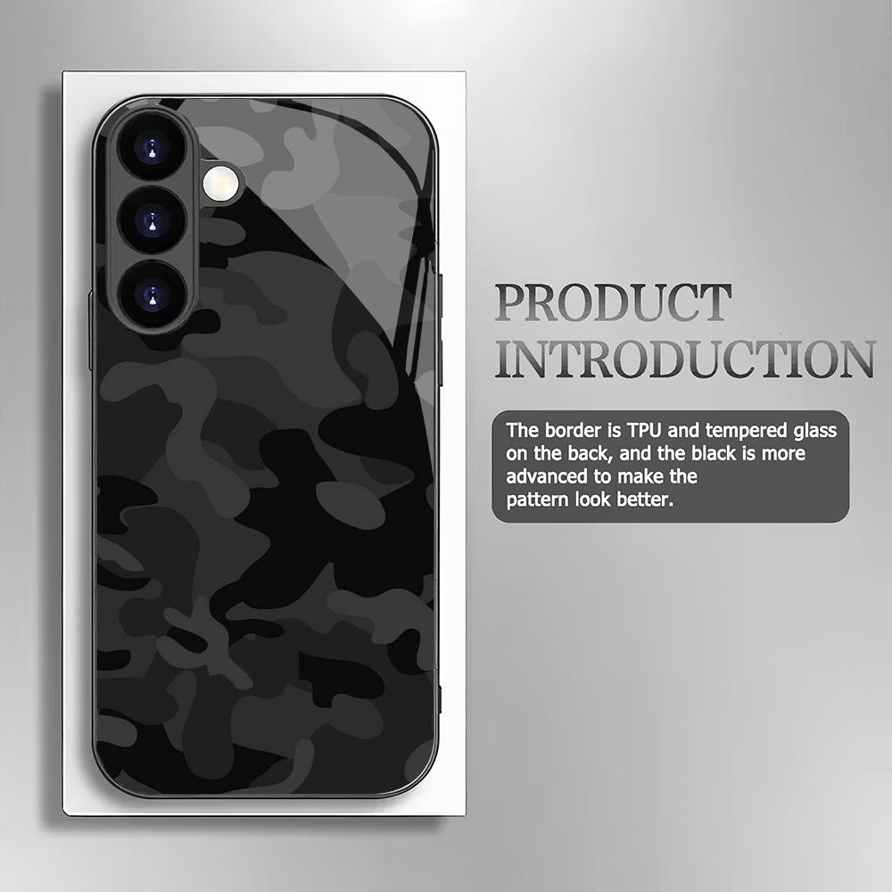 Black camouflage tempered glass phone case suitable for Samsung Galaxy S26 S25 S24 S23 S22 S20FE/Ultra/Plus anti drop back cover