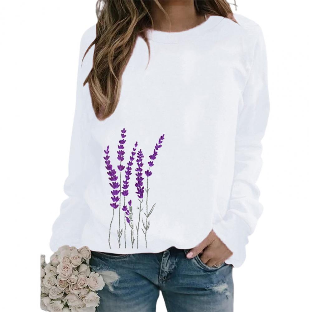 Women Sweatshirt Floral Print O Neck Loose Warm Lady Blouse for Daily Wear