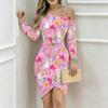 Women Plus Size Asymmetric Cold Shoulder White Green Tulip Floral Print Wrap Bodycon Midi Dress