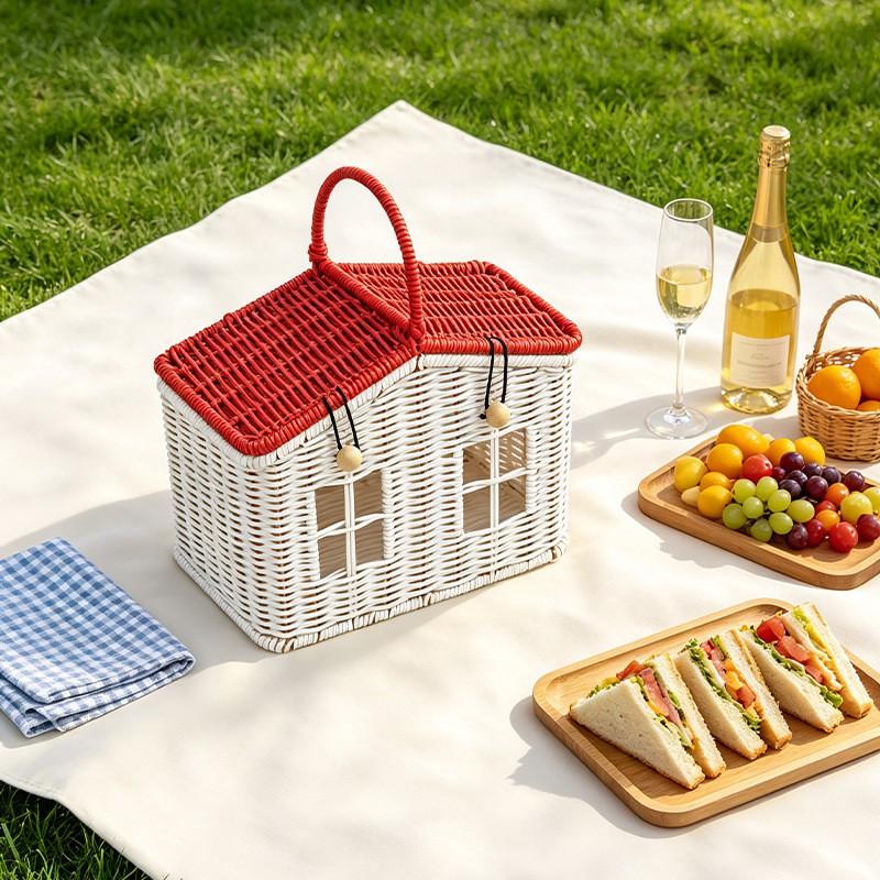 Portable House-Shaped Storage Basket With Handle Snacks Fruits Picnic Home Organization PP Material