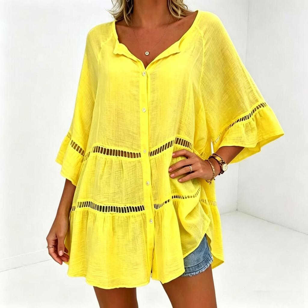 Women's V Neck Button Front Beach Cover Up Dress, Flared Three Quarter Sleeve Hollow Cutwork Loose Plus Size Tunic Shirt Dress