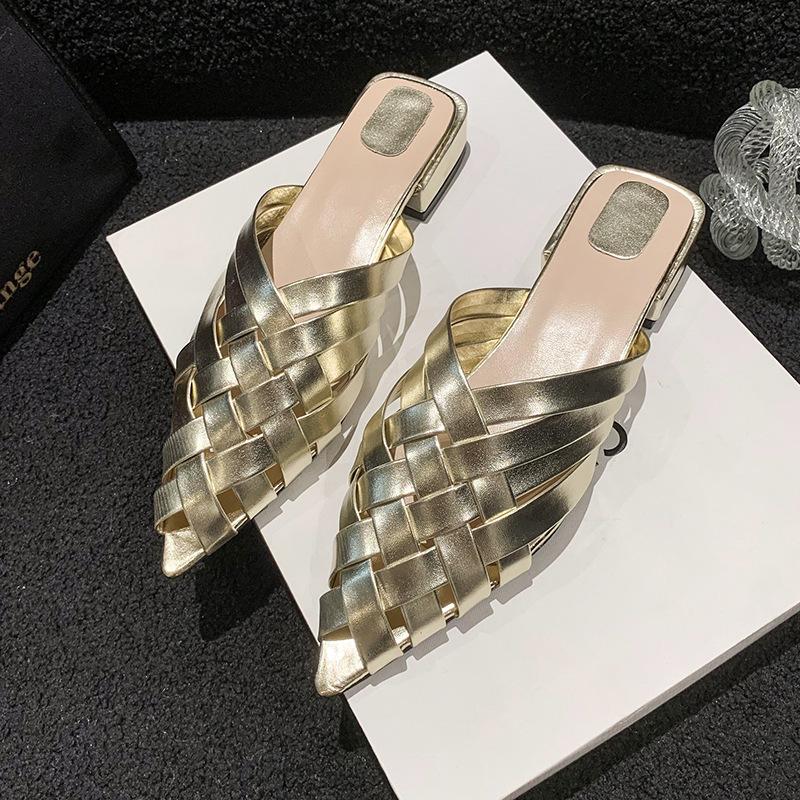 Summer French niche retro cross-woven hollow fashion low-heeled slippers muller shoes