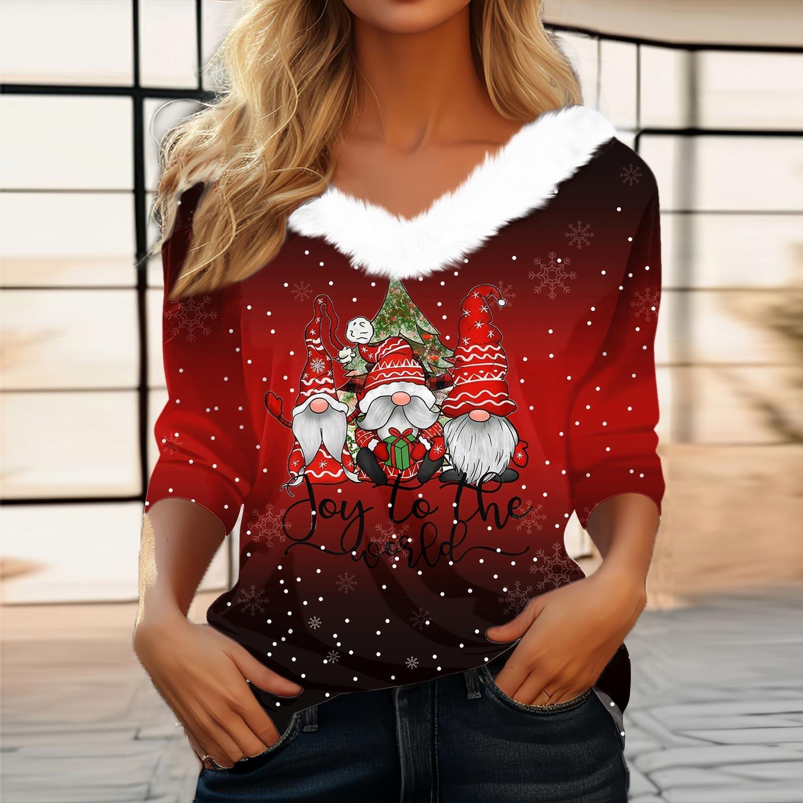 

Жіноча футболка Різдвяна сорочка з довгим рукавом і різдвяним флісовим коміром з V-подібним вирізом L винний