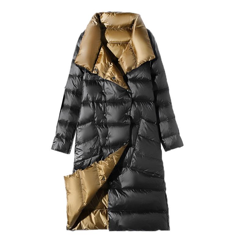 Autumn Winter Lightweight Oversized Collar Down Jacket for Women Mid-Length Over-the-Knee Reversible Outerwear