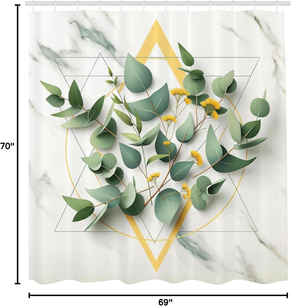 Eucalyptus Leaves Shower Curtain, Modern Botanical Composition With Branches On Polygonal Shapes, Cloth Fabric Bathroo