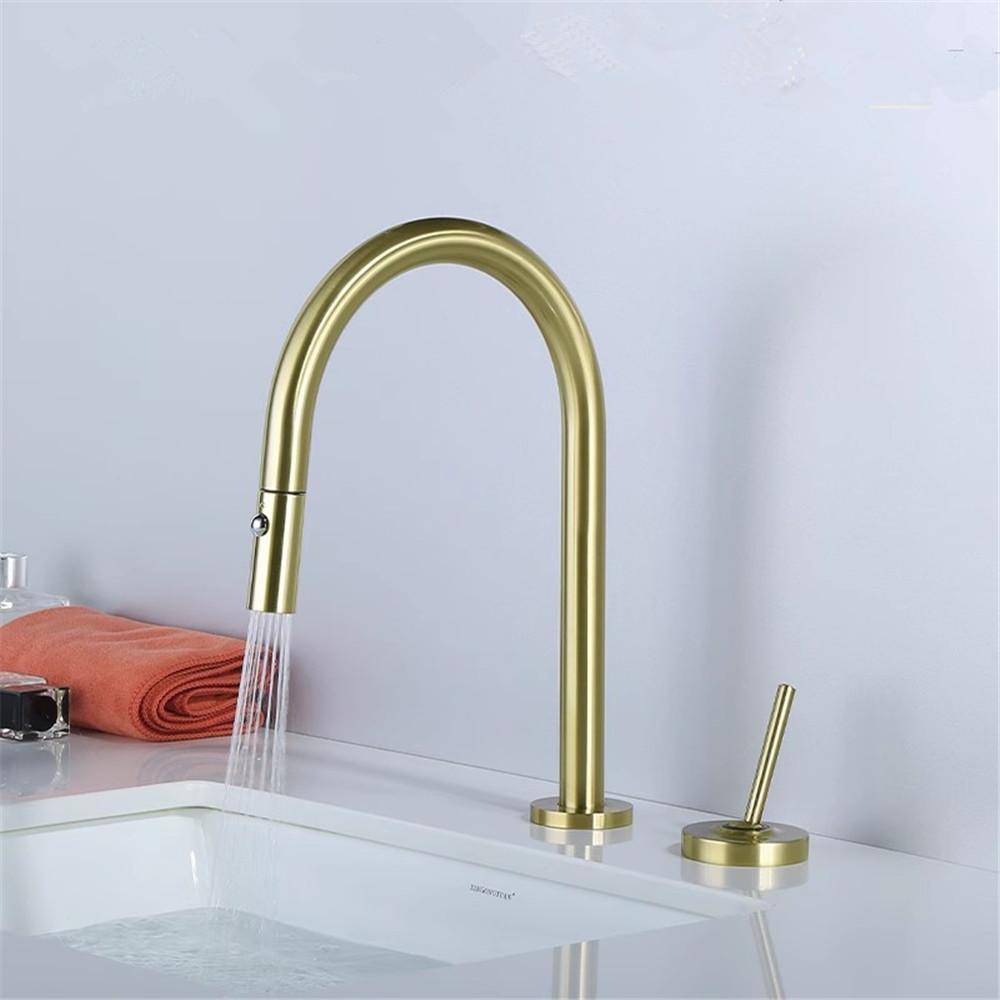 Brushed Gold Pull Out Basin faucet Black Bathroom Widespread  bathroom faucet sink tap 360 rotating widespread 2 Hole basin Tap