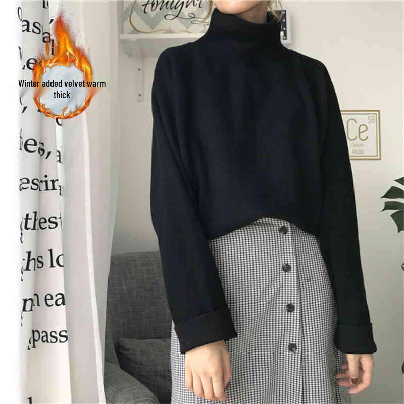 Women's Half-High Neck Fleece T-Shirt - Brushed, Warm, Loose Fit for Autumn/Winter.