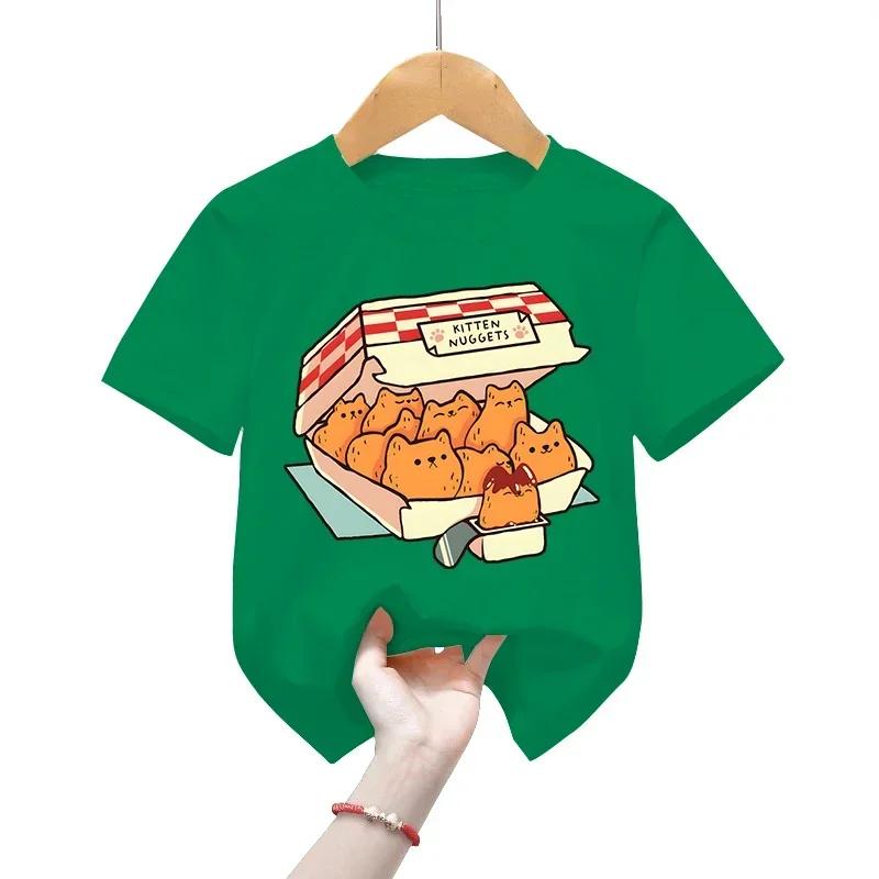 Fast Food Cat T-Shirt Girls Tee Shirts Kids Fashion T-shirts Funny Cat Graphic Tops Cartoons Boys Shirts Clothes