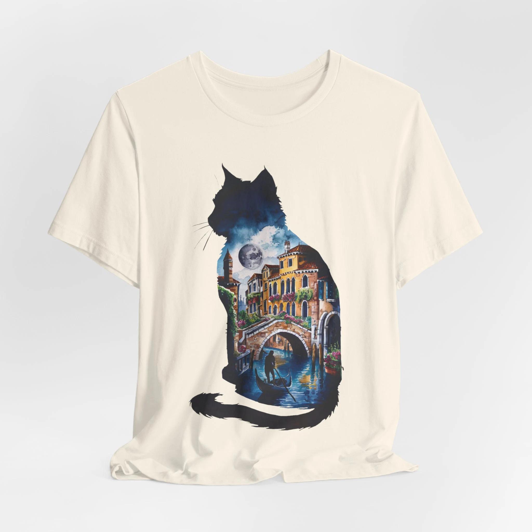 

Мистическая кошка Венецианская сцена Футболка: Художественная футболка с луной, графические футболки, ретро уличная одежда, с круглым вырезом, с короткими рукавами, мужская футболка 4XL