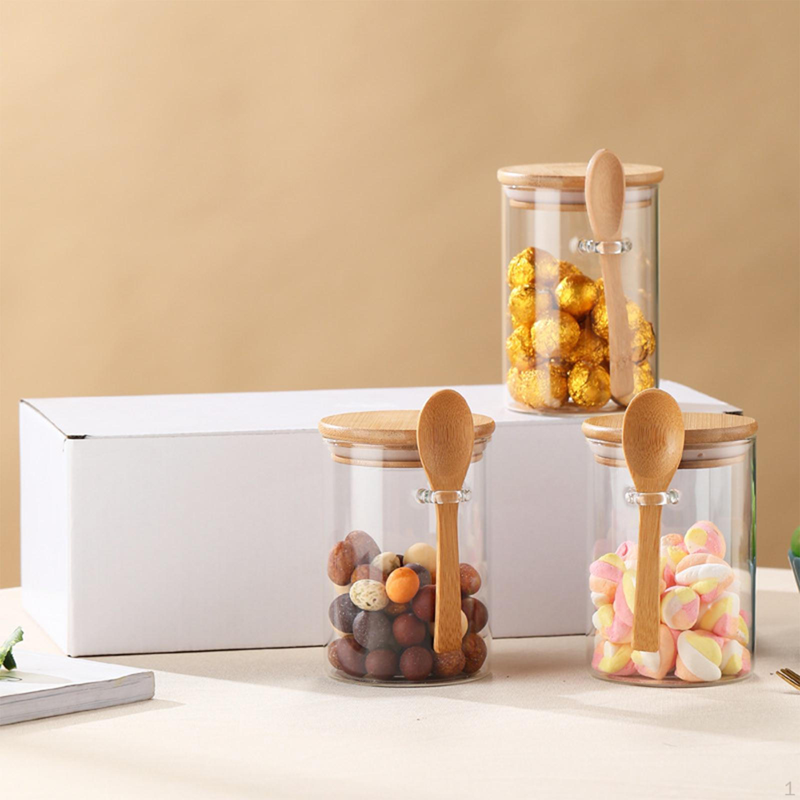 Банка для хранения продуктов герметичная стеклянная с крышкой 600 мл, простой прозрачный бамбук и ложка для чая 3pcs
