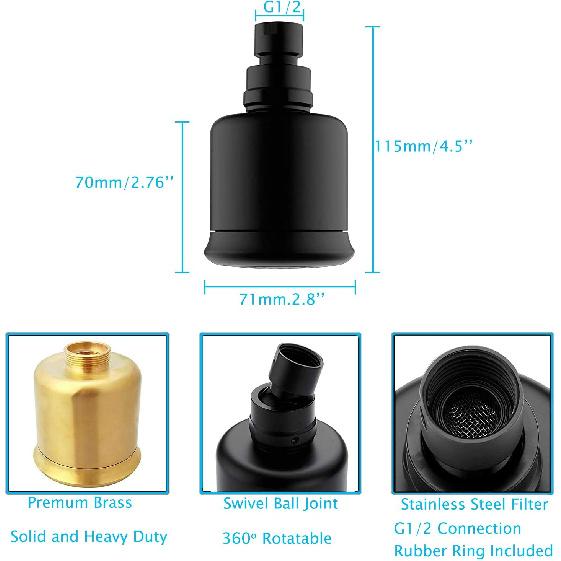 High Pressure Black Brass Shower Head with Filter and 360 Degrees Adjustable Swivel, Replacement for Bathroom Low Flow, Matte Black 2.8 Inch Heavy