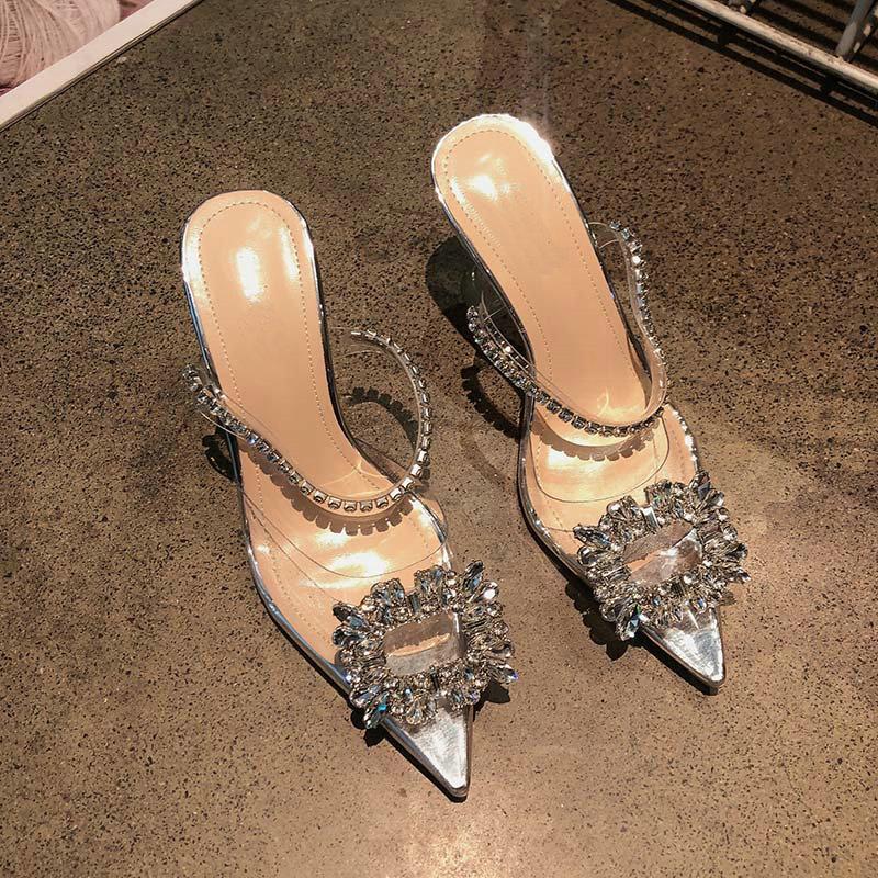 Fashion 2025 New Pointy Transparent Line With Flip-Flops Female Baotou Diamond Flower Fairy Socialite Glass High Heels