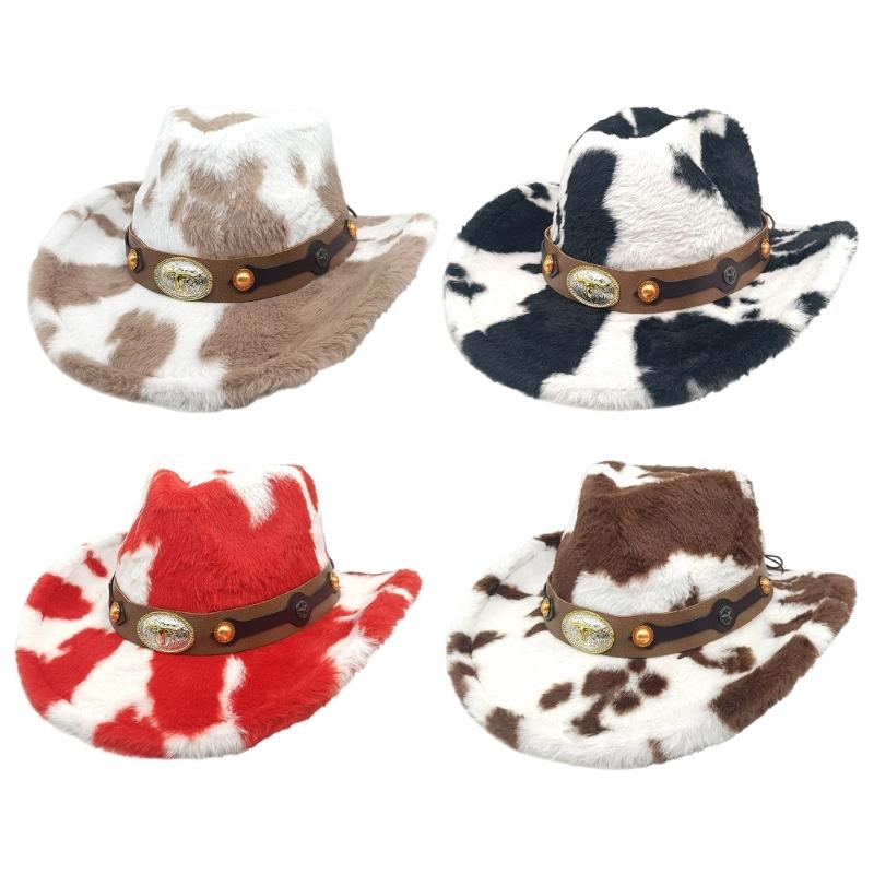 Winter Plush Cowboy Hats with Cow Pattern Design for Women Men Unisex Cold Weather Wide Brims Western Cap Party Props