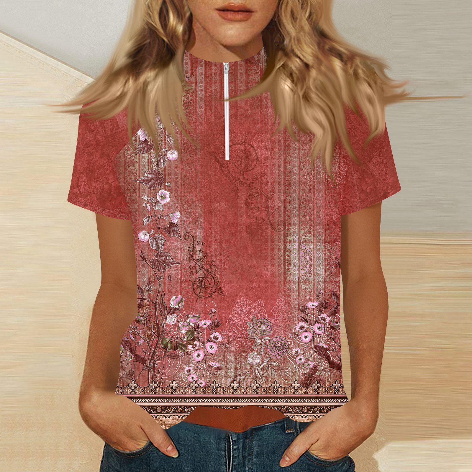 Women s Mock Neck Short Sleeve Top With Zip-up XL красный