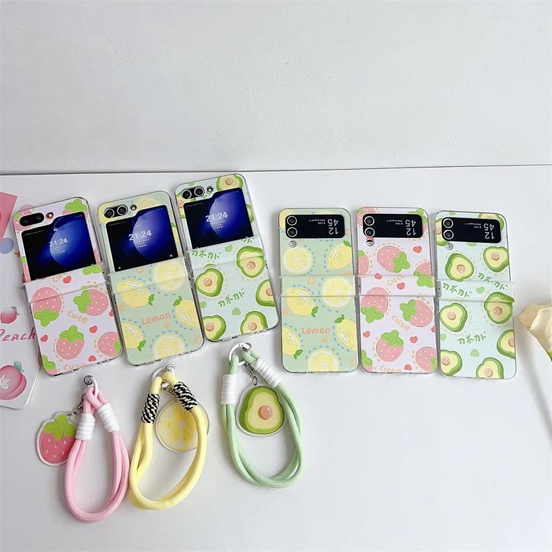 For Samsung Galaxy Z Flip 3 4 5 6 Case Summer Fruit Hand Strap Hard Cover For Samsung Z Flip5 ZFlip5 With Lanyard