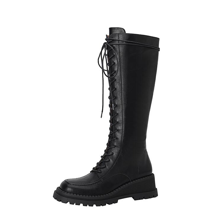Mode Neue Keilabsatz-Plateau-Stiefel aus Spaltleder Damenstiefel Runde Zehen Lammfell Kurze Stiefel für Damen Hohe Absätze Winter Kniehohe Stiefel Damen