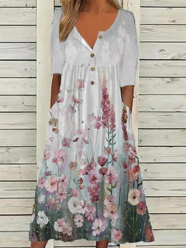 Buttoned Maxi Dress with Pocket Printed Cardigan Style Womens Dress