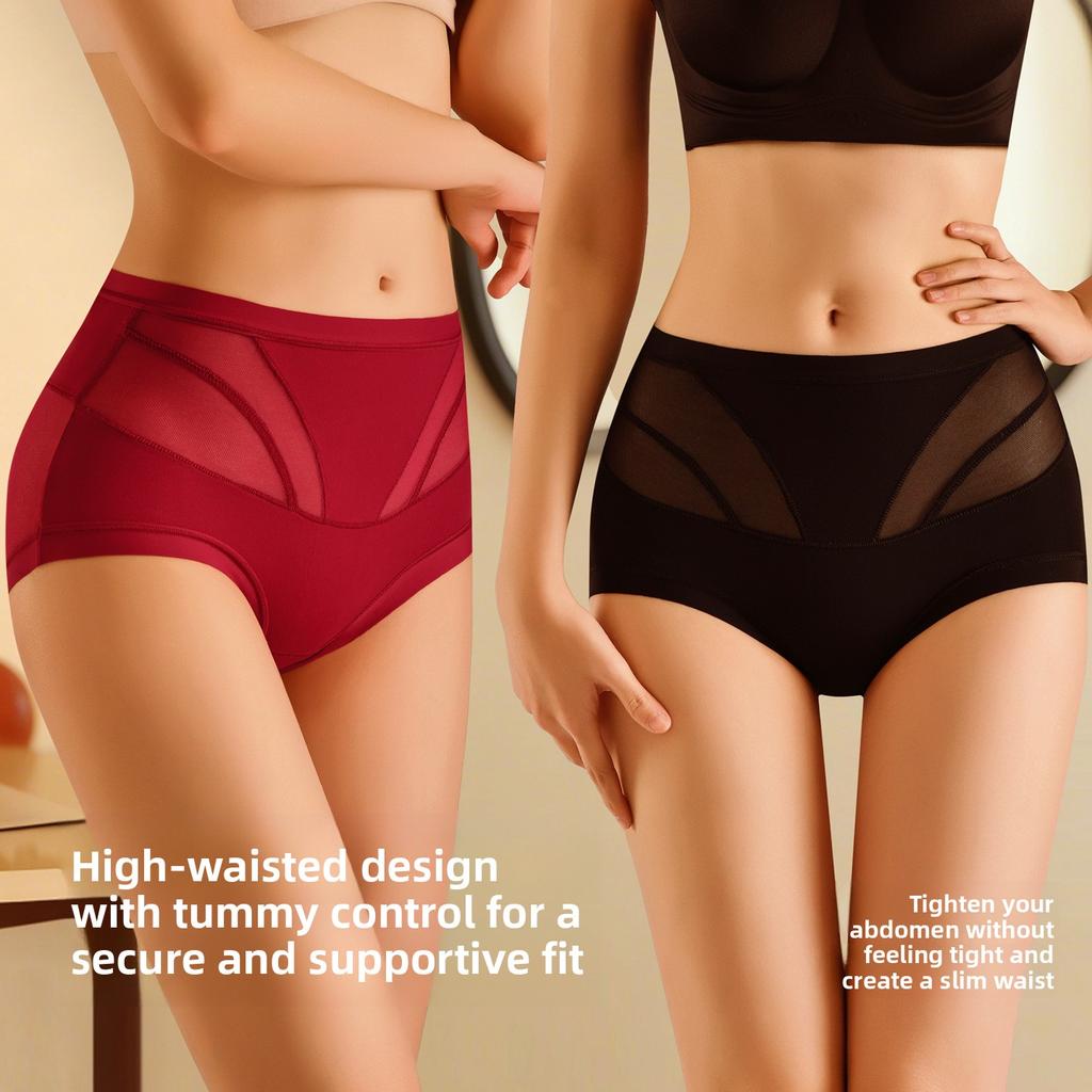 Women's Summer Net Yarn Breathable Hip and Belly Non  Scratch Long Bottom Crotch High Waist Molded Briefs