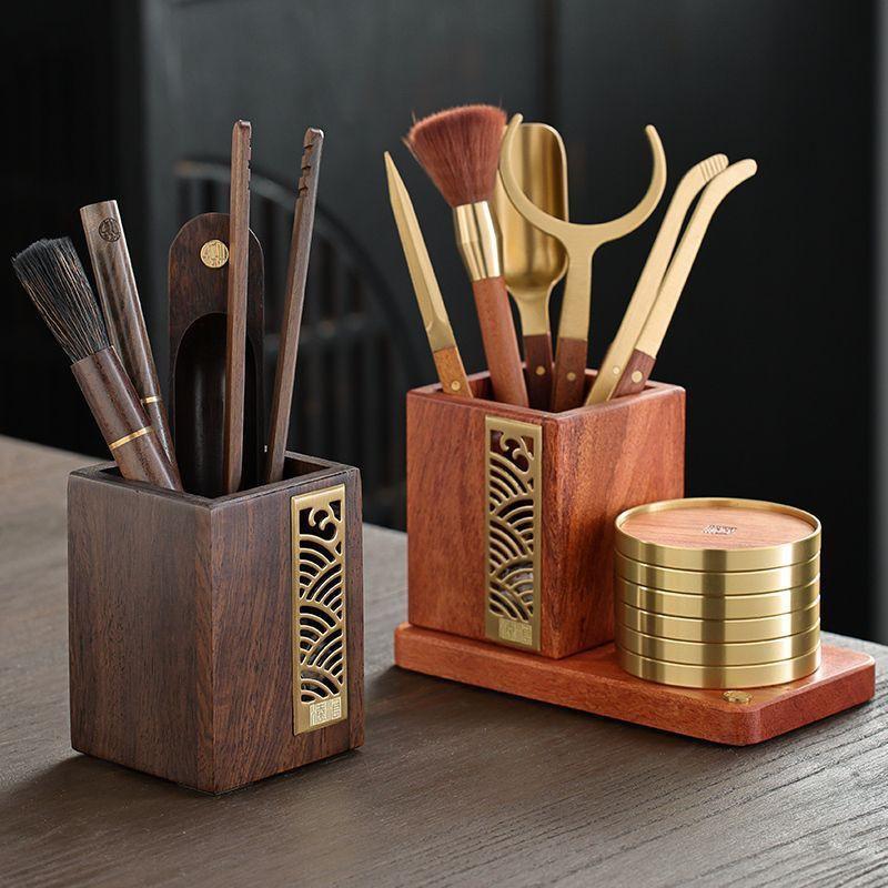 Wooden Coaster Set With Copper Inlay Heat-Resistant Tea Cup Trivet Kung Fu Ceremony Home Kitchen