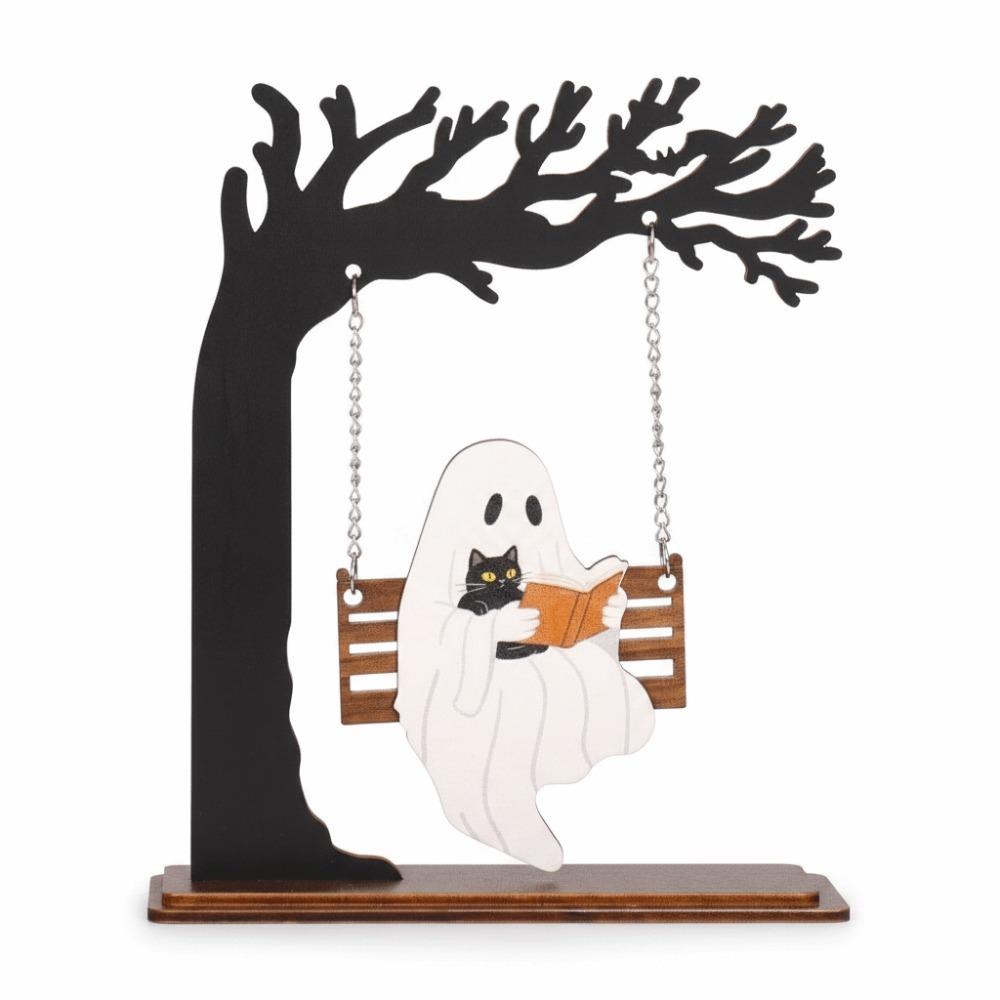 Freestanding Wooden Halloween Crafts Laser-cut Cat Reading Figurine Cat Owners