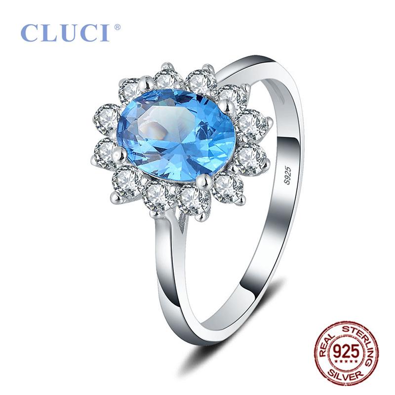 

CLUCI Authentic Sterling Silver 925 Oval Blue White Zircon Classic Claws Finger Ring for Women Wedding Jewelry Ring DR1060SB 6