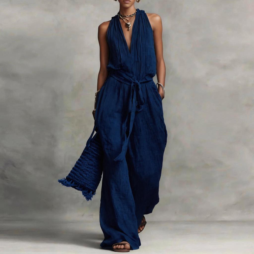 Women Sleeveless Cotton Linen Jumpsuit Casual Loose Fit Drawstring Waist Wide Leg One Piece Romper for Everyday Wear