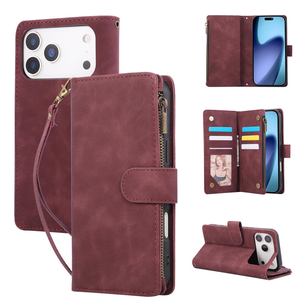 For iPhone 17 Pro Max Case Zipper Wallet Multiple Card Slots Leather Phone Cover with Wrist Strap