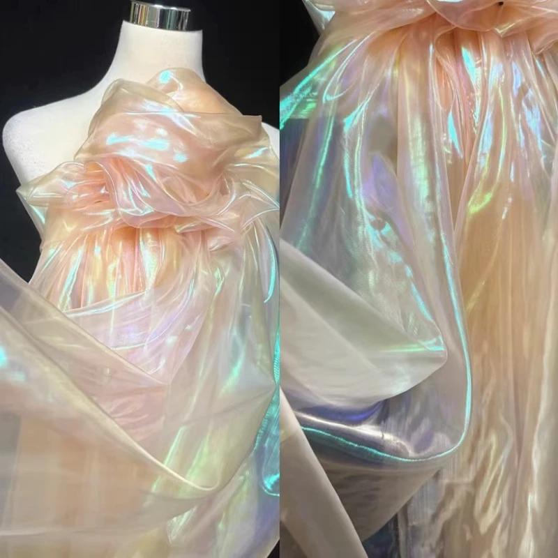 Wide 150cm Encrypted Laser Seven-color Iriered Gauze Fabric Bright Yarn Gradient Color Fabric DIY Organza Clothing Designer