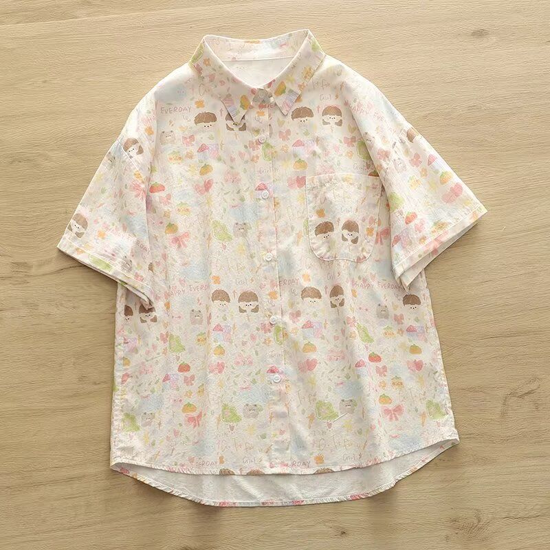 

Весна и Осень Новая Свежая Принтованная Рубашка с Длинными Рукавами Женская Свободная Легче всего для Сочетания Арт Чистый Хлопок Базовая Рубашка Топы Girls Short Sleeve Free size 42.50 kg-67.50 kg