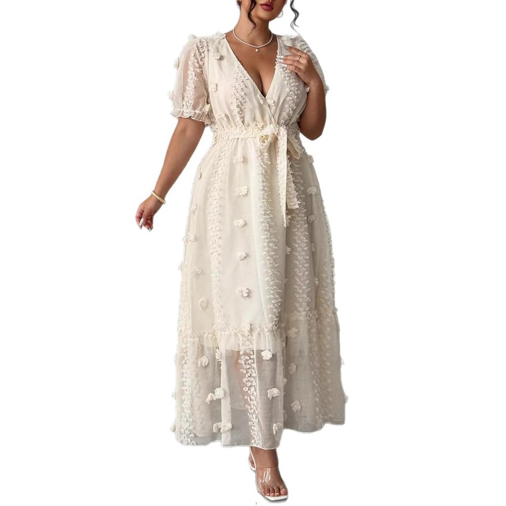 Plus Size Apricot V-neck Puff Sleeve Floral Chiffon Maxi Dress