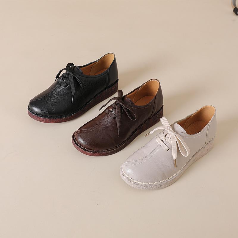 Johnature Genuine Leather Soft Soled Women's Shoes Casual Solid Color Versatile Lace-up Flats