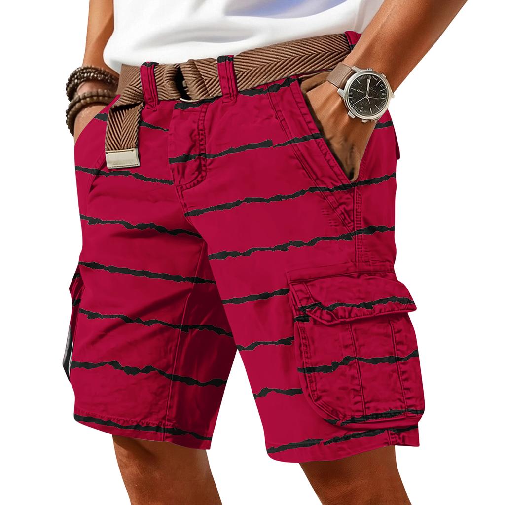 Men's casual trend striped printed short pants - Men's multi-pocket work- athletic shorts (without waistband)