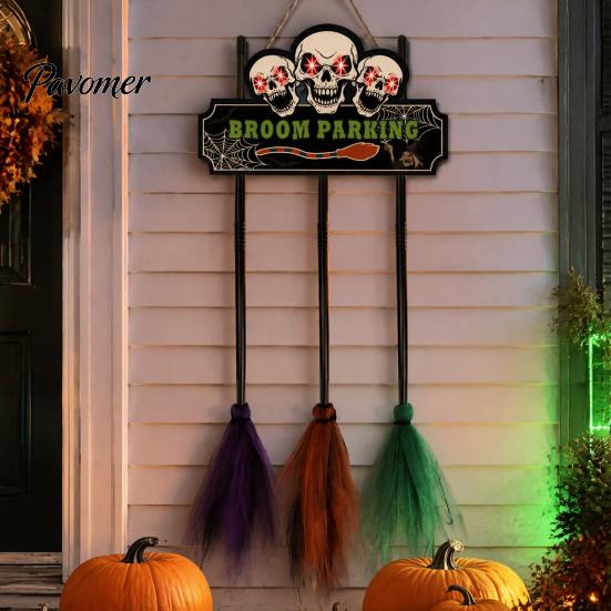 Weatherproof Indoor Holiday Signs Halloween Broom Parking Sign with 3 Witch Brooms, Hocus Pocus Themed Wooden Sign, Rustic Wall Decor Funny