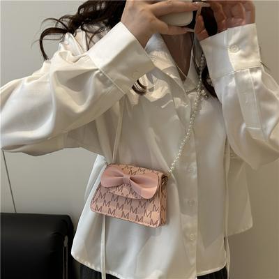 Solid Color Xiaoxiangfeng Children's Pearl Handbag Baby Cute Bow Chain Bag Diagonal Span Small Square Bag